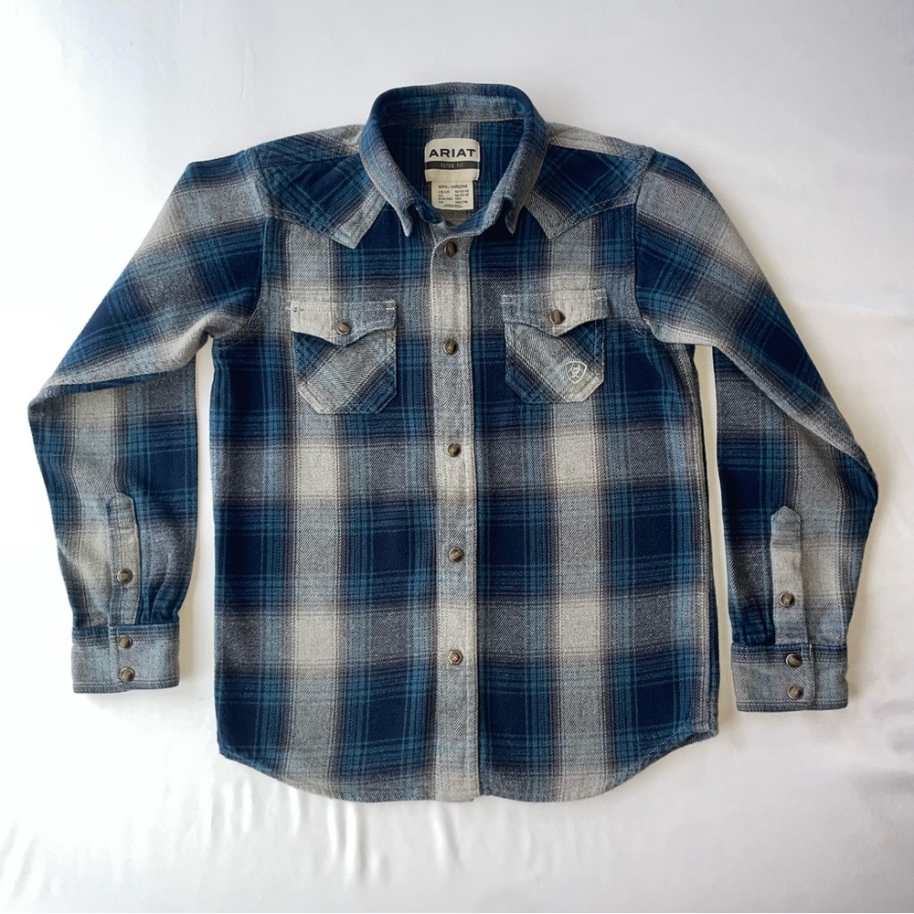 Ariat Halston Boys 10-12 Western Flannel Shirt – Blue/Grey Pearl Snap